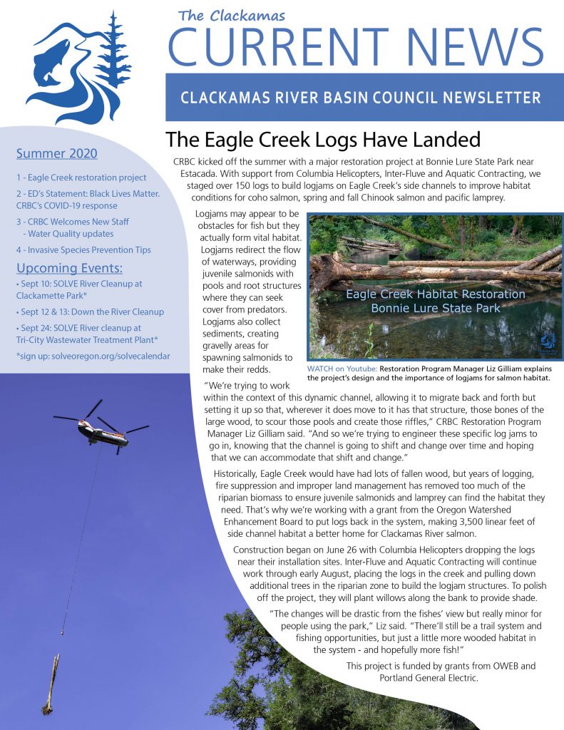 Click this image of the newsletter cover to access the .pdf of the Summer 2020 Clackamas Current News